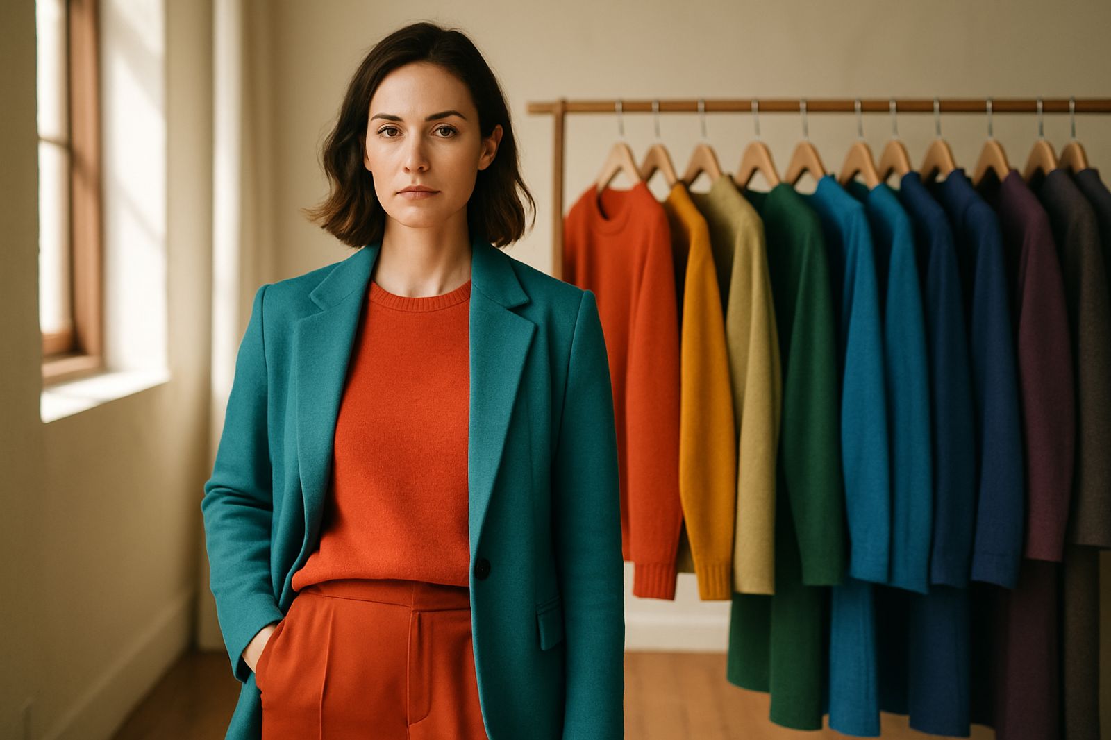 Overhead flat-lay of a color wheel constructed from folded fabric swatches on linen — silk in warm and cool hues arranged in a circle with soft studio lighting