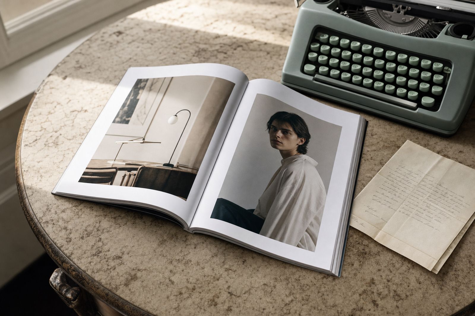 A printed magazine open on a marble side table beside a vintage typewriter and a folded handwritten letter.