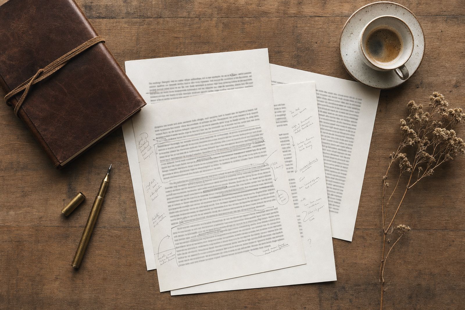 An overhead view of a writer's desk: brass pen, leather notebook, printed essays with handwritten notes, espresso cup.