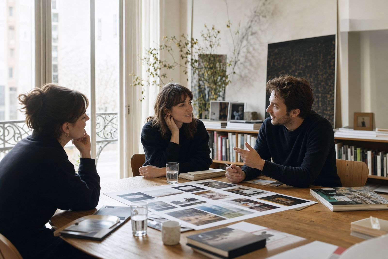 A small editorial team in conversation over a magazine layout in a sunlit Paris apartment office.