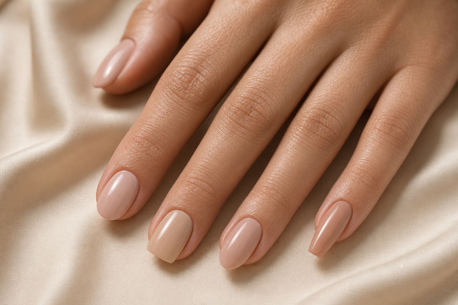Five different nail shapes displayed on hands in sheer nude polish on cream silk — a visual guide to nail types and silhouettes