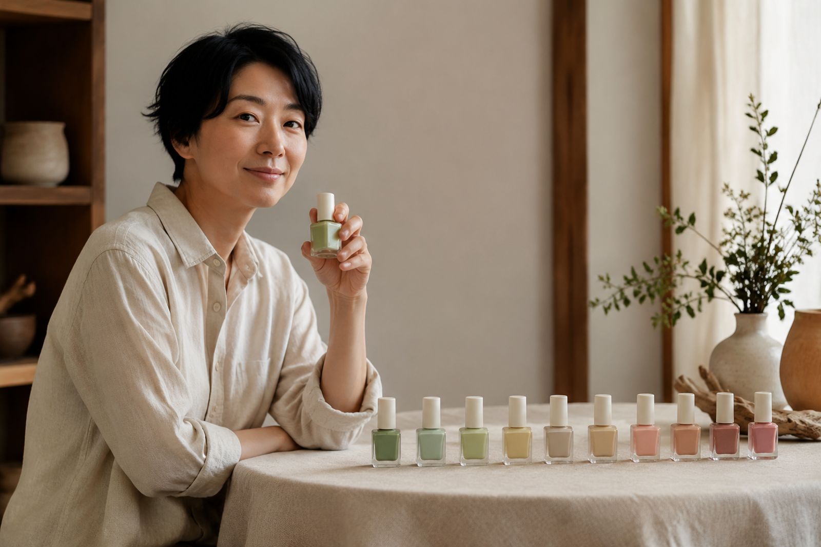 Tray of non-toxic nail polish bottles in earthy neutral shades arranged on linen, held by an androgynous East Asian person in cream linen, soft natural light