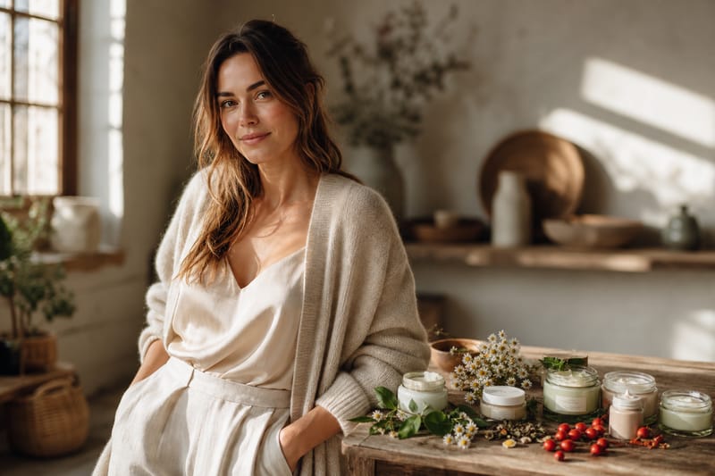 Natural moisturizer collection with botanical ingredients on warm wooden surface