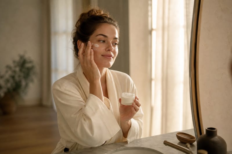 woman applying vegan moisturizer at sunlit bathroom vanity