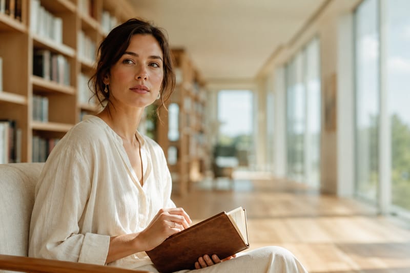 A pensive woman in a soft ivory linen blouse sits in a bright minimalist library with floor-to-ceiling windows, warm natural light streaming across the room, holding a leather-bound journal in a contemplative moment