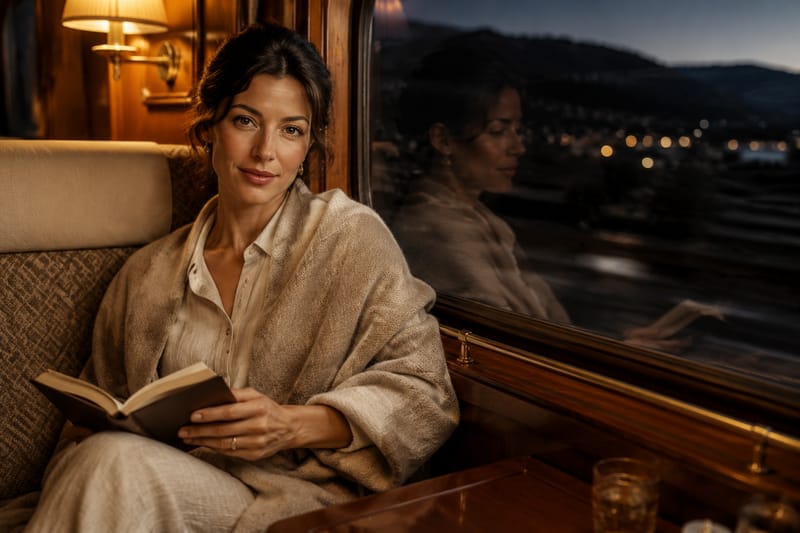 Woman in linen traveling solo on a European night train, reading by window light in the warm amber cabin glow