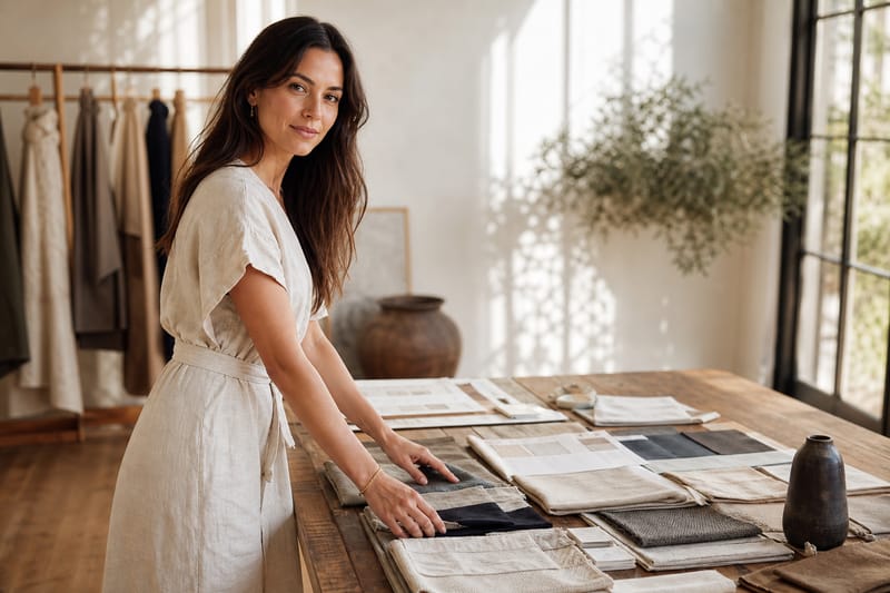 Woman in a linen midi dress examining fabric swatches at a sunlit atelier table, natural tones, editorial overhead shot