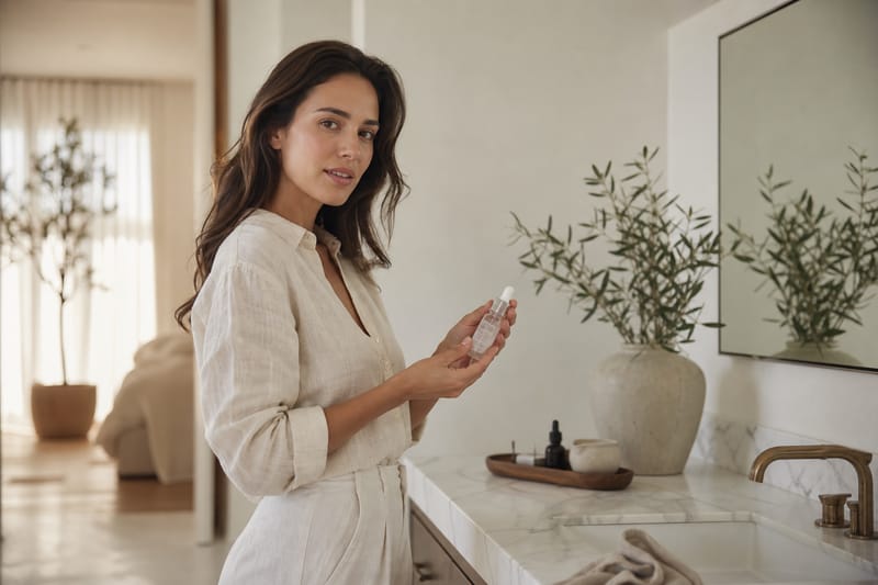 Woman examining a cruelty-free serum bottle on a marble vanity with soft morning light