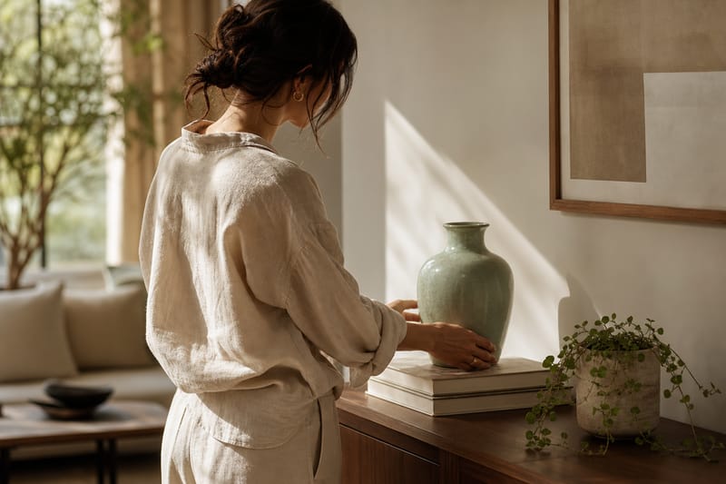 Woman in cream linen shirt thoughtfully arranging books on a bookshelf in a sunlit living room, warm neutral tones, soft afternoon light filtering through sheer curtains, photographed from behind at eye level