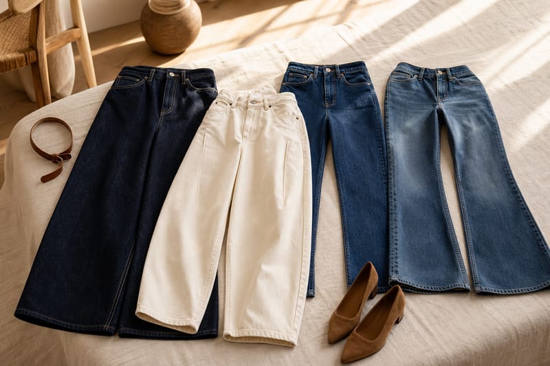 Flat-lay of 2026 denim styles including wide-leg, barrel, straight-leg, cigarette, and bootcut jeans arranged on a neutral background