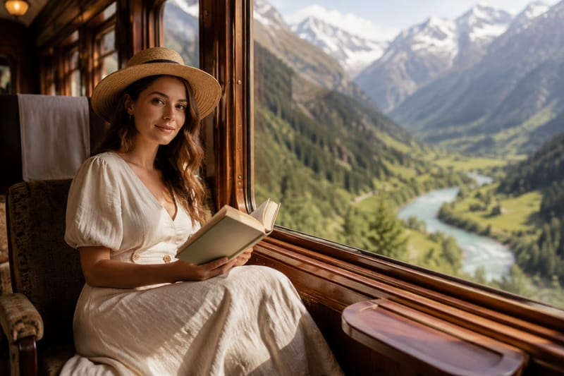 Woman in cream linen reading by a scenic train window with Alpine landscapes passing in golden afternoon light