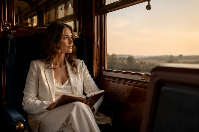 Woman in ivory linen blazer sitting in a vintage European train compartment at golden hour, leather journal open on her lap, warm light streaming through the window