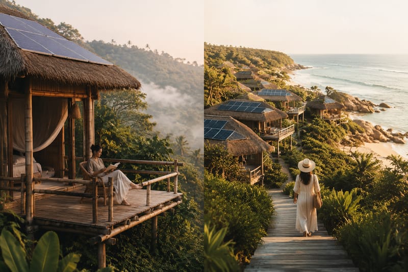 A split-concept editorial photograph comparing an intimate eco lodge in the Sri Lankan jungle with a full-service eco resort on a turquoise coastline, illustrating the contrast between immersion and sustainable luxury