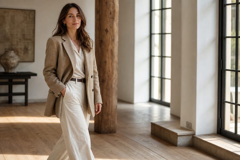 Woman in relaxed tailored blazer and barrel jeans walking through a sunlit courtyard