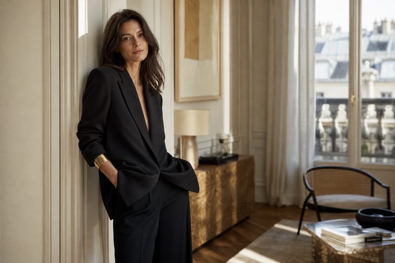 Woman in an oversized black blazer with gold cuffs and tailored wide-leg trousers in a sunlit Paris apartment, embodying the 2026 glamoratti trend