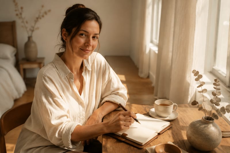 Woman journaling at a wooden desk with morning light streaming through the window, calm mindful consumption practice