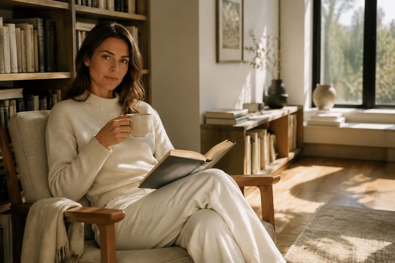Woman in cream cashmere sweater reading in a sunlit corner with floor-to-ceiling bookshelves, quiet luxury editorial photograph