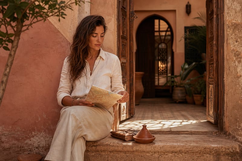 Woman reading a map at the entrance of a Moroccan riad, late afternoon sunlight streaming through an arched doorway