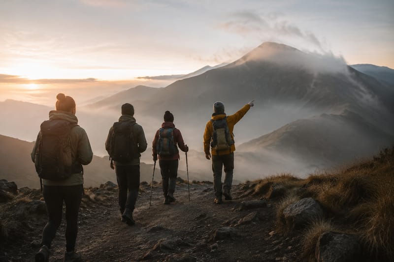 Small group of hikers ascending a mountain trail at dawn in misty morning light