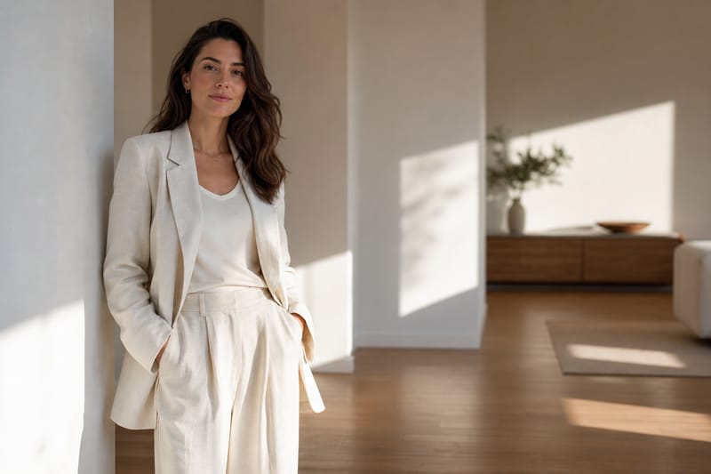 Woman in a cream linen blazer and wide-leg trousers standing in a sunlit minimalist apartment with neutral tones and soft morning light