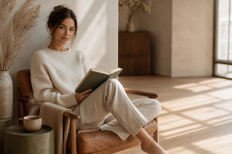 Woman in cream cashmere sweater reading in a sunlit corner of a warm minimalist apartment with textured plaster walls, soft morning light
