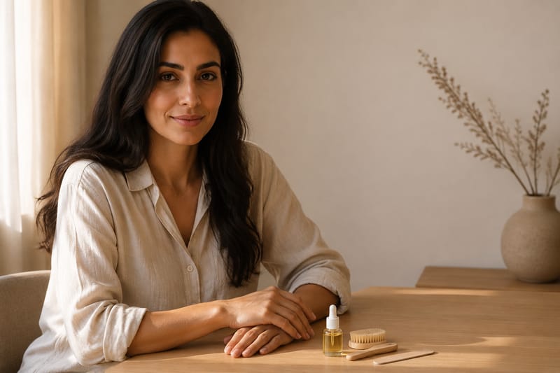 Hands resting on a linen towel beside cuticle oil jar and soft brush, flat lay composition