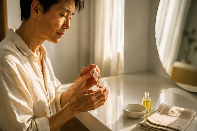 A person applying jojoba cuticle oil at a white vanity with warm morning light streaming through sheer curtains