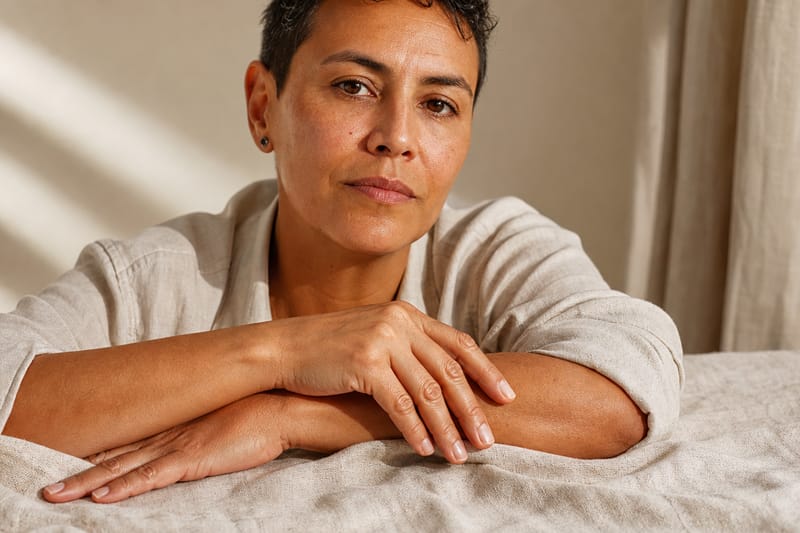 Well-groomed hands with strong, healthy natural nails resting on natural linen fabric in warm morning light
