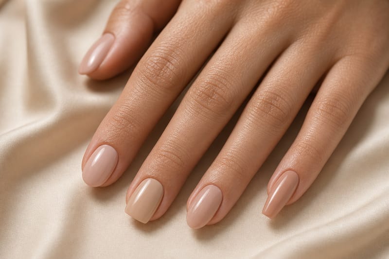Five different nail shapes displayed on hands in sheer nude polish on cream silk — a visual guide to nail types and silhouettes