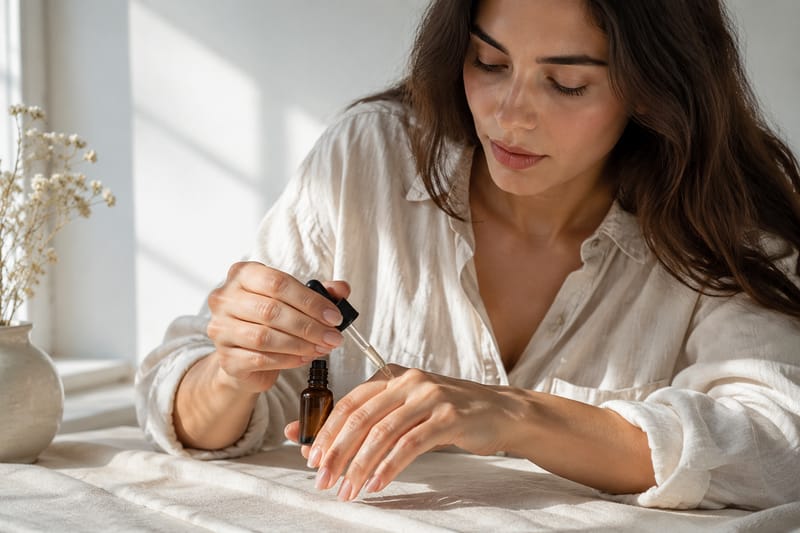 A person applying cuticle oil from a dropper bottle to their nail beds in soft daylight, macro close-up with healthy natural nails