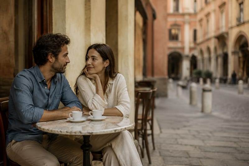 Couple in their early thirties sitting at a worn marble cafe table outside a historic cafe in Bologna, Italy, morning light streaming through arched windows, exchanging a relaxed moment over empty espresso cups