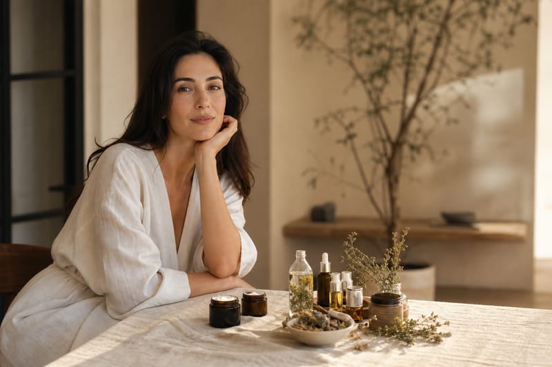 Organic skincare products including botanical serums and creams arranged on warm linen with natural light
