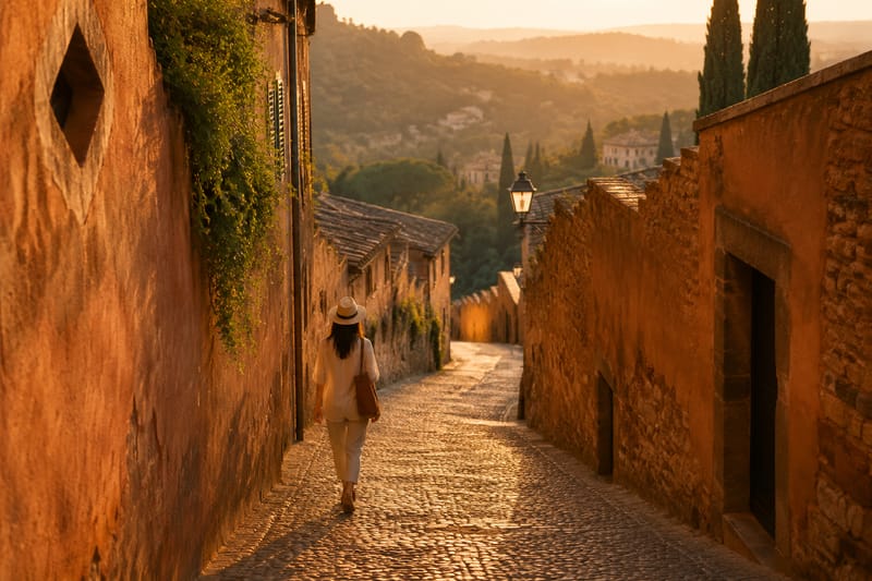 Solitary traveller on an empty cobblestone lane in a quiet hillside village at golden hour