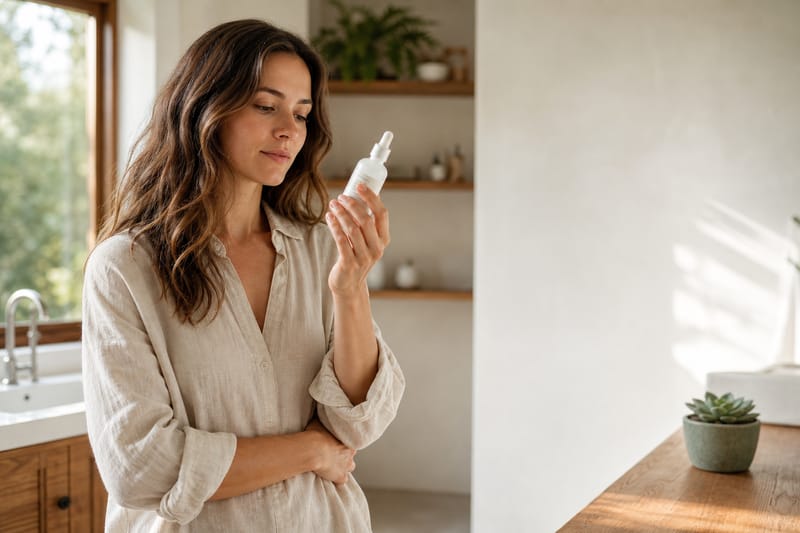 Woman in cream linen shirt reading ingredient label on skincare bottle in bright minimalist bathroom with natural daylight