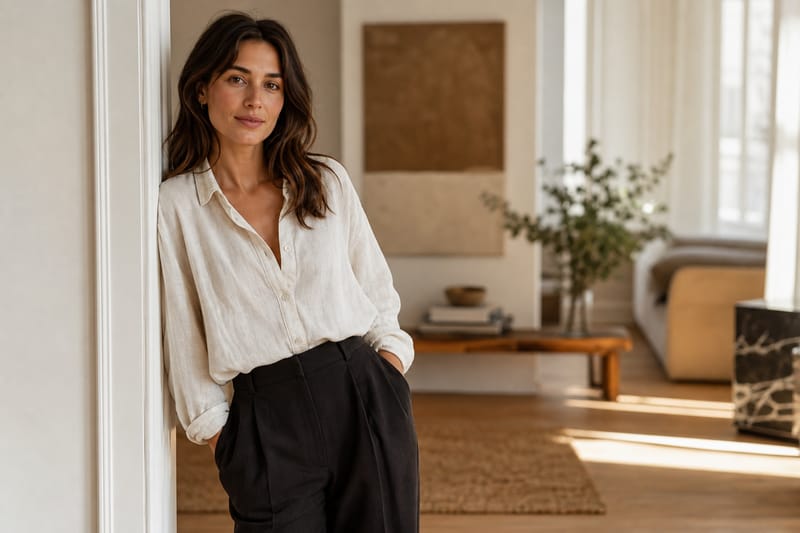 woman in a simple cream linen shirt and high-waisted dark trousers standing in a sunlit apartment doorway, one hand resting on the door frame, calm expression, soft natural light from the left