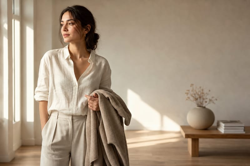 Woman in minimalist curated interior holding a quality garment, warm natural light, quiet luxury aesthetic