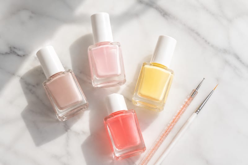 Sheer nude nail polish swatches with high-gloss shine beside a white coffee cup