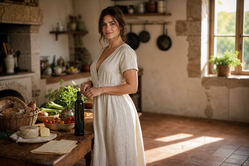 Woman tasting olive oil at a rustic Italian farm table with golden afternoon light streaming through a stone window, embodying the slow food movement travel experience