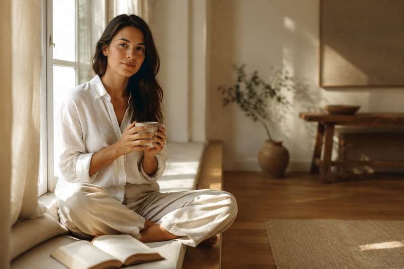 Woman sitting in a sunlit window seat with morning coffee, embodying slow living at home
