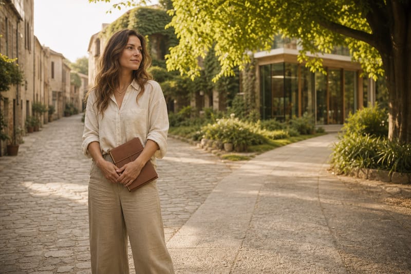 Woman in cream linen blouse and beige wide-leg trousers standing at a crossroads between old town and eco-friendly buildings, warm golden hour light, editorial fashion photography