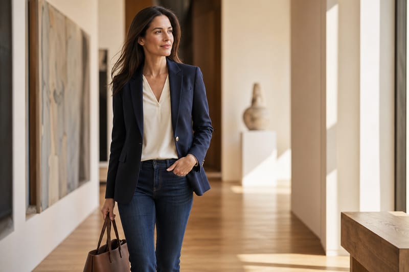 Woman in tailored navy blazer and dark-wash jeans walking through a sunlit gallery space