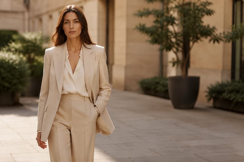 Woman in Stella McCartney tailored blazer walking through a sunlit London courtyard, warm editorial fashion photography