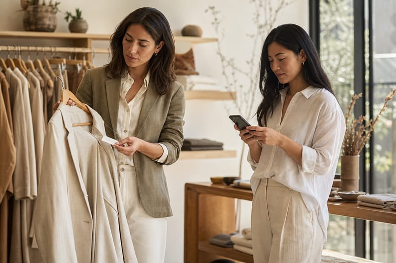 Two women comparing sustainable luxury and ethical fashion labels in a sunlit boutique interior