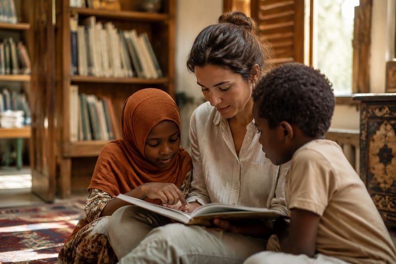 Woman reading with children in a community library in Zanzibar, warm afternoon light through wooden shutters, intimate moment of cross-cultural connection and learning
