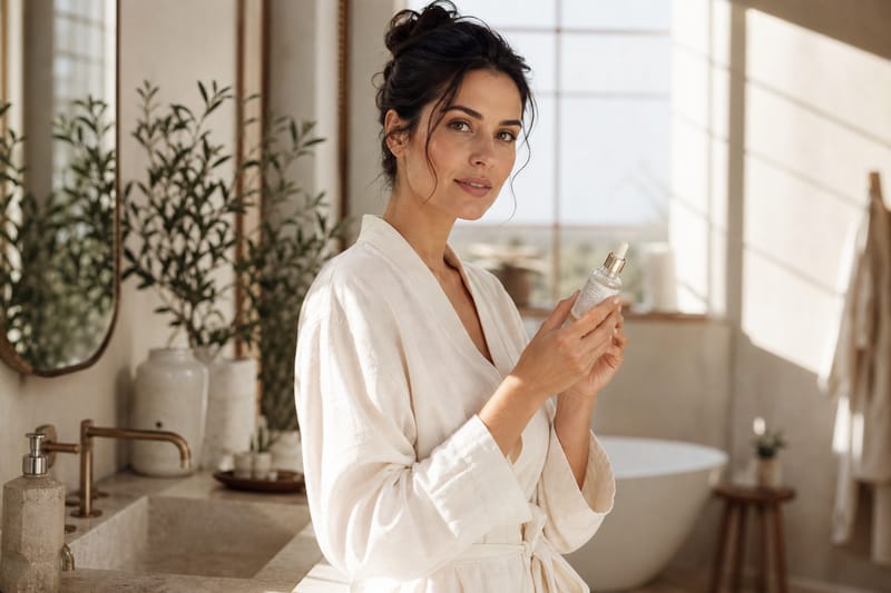 Woman examining the ingredient label on a glass serum bottle in a sunlit bathroom, soft focus on hands and label, warm natural tones