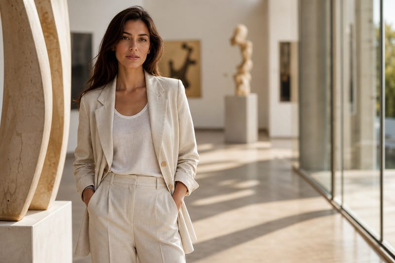 Woman in cream linen blazer walking through a sunlit contemporary art gallery with abstract sculptures, warm natural light, contemplative mood