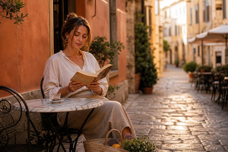 Woman reading at a sidewalk cafe in a small Italian hill town, late afternoon light on cobblestone street, relaxed mood — embodying the unhurried presence at the heart of slow travel